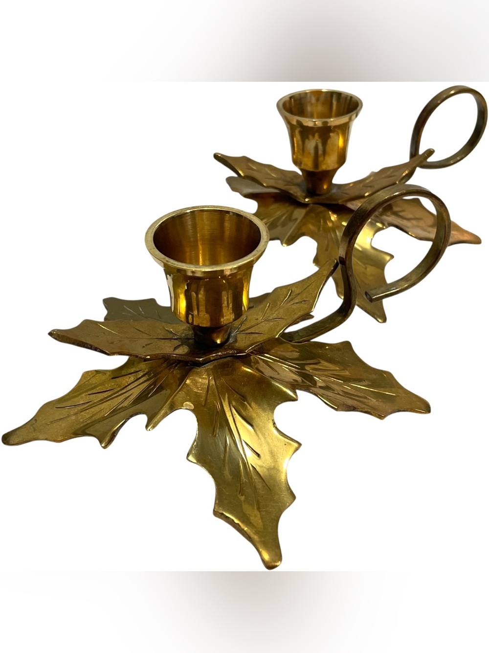 Vintage 1960s Solid Brass Holly Leaf Candlestick Holders (2) with Thumb Ring